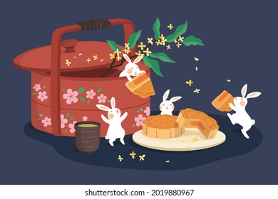 Mid autumn festival design. Flat illustration of jade rabbits eating mooncakes with hot tean and dried snack as holiday celebrations