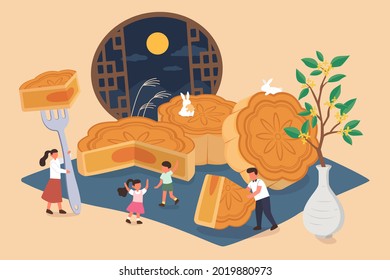 Mid Autumn Festival Design. Flat Illustration Of Chinese Family Having Reunion, Eating Mooncakes, And Watching Moon As Holiday Celebrations