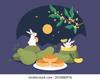 Mid autumn festival design. Flat illustration of jade rabbits eating pomelo, mooncakes, and watching moon as holiday celebrations