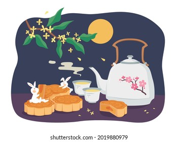 Mid autumn festival design. Flat illustration of jade rabbits eating, drinking hot tea, and watching moon as holiday celebrations