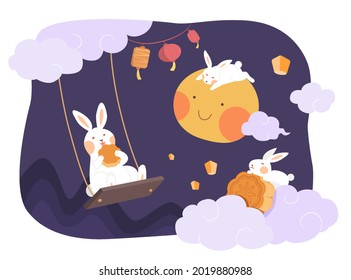 Mid autumn festival design. Flat illustration of rabbits sitting in the sky and watching moon together as holiday celebrations