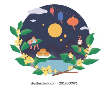 Mid Autumn Festival Design. Flat Illustration Of People Watching Moon And Eating Mooncakes As Holiday Celebrations