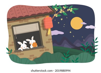 Mid autumn festival design. Flat illustration of rabbits watching moon at home and eating mooncake as holiday celebrations