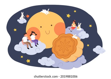 Mid autumn festival design. Flat illustration of people on clouds watching full moon and eating mooncakes as holiday celebrations