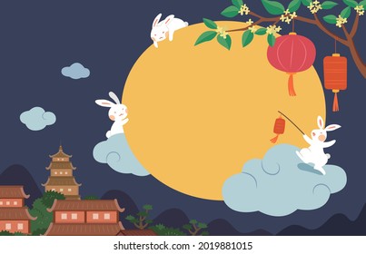 Mid Autumn Festival Design. Flat Illustration Of Jade Rabbits Having Fun Around Full Moon With Chinese Buildings In Background