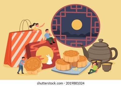 Mid Autumn Festival Design. Flat Illustration Of Chinese Family Eating Mooncakes From Souvenir Box And Watching Moon At Home Indoor As Celebrations