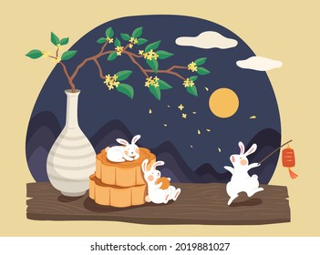 Mid autumn festival design. Flat illustration of jade rabbits eating mooncakes and watching moon at night under shower of osmanthus flower as celebrations