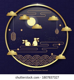 Mid autumn festival design, Happy Mid Autumn, gold on blue. Vector illustration. Flat style. Concept for holiday decor element.