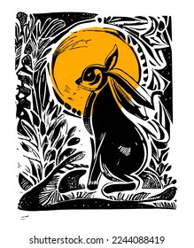 Mid autumn festival design. illustration of jade rabbit sitting watching moon as holiday celebration. image vector in lino print style