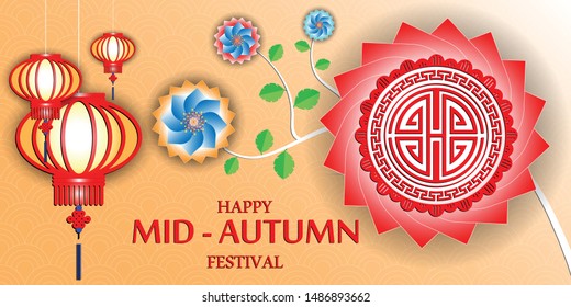 Mid autumn festival design with modern art to flowers and traditional decoration chinese. Vector illustration