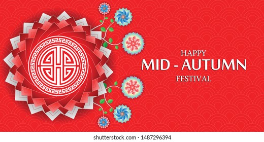 Mid autumn festival design with modern art to flowers and traditional decoration chinese. Vector illustration