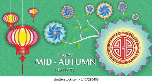 Mid autumn festival design with modern art to flowers and traditional decoration chinese. Vector illustration