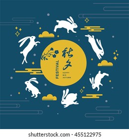 Mid autumn festival design with rabbits, moon and clouds. Chinese translate:Mid Autumn Festival.