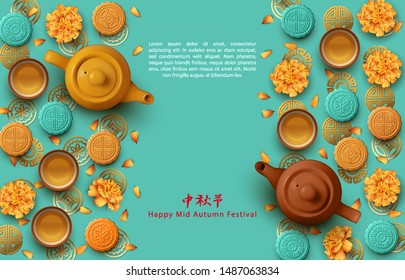 Mid autumn festival design. Teapot, tea cups, flowers and moon cakes. Top view vector illustration. Translation of Chinese characters - Mid Autumn Festival