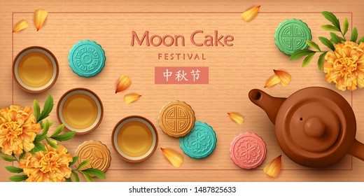 Mid autumn festival design. Teapot, tea cups, flowers and moon cakes. Top view vector illustration. Translation of Chinese characters - Mid Autumn Festival