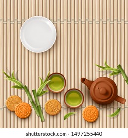 Mid autumn festival design. Teapot, tea cups, bamboo and moon cakes. Top view vector illustration