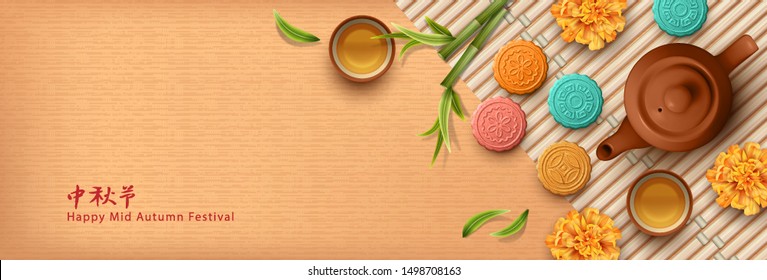 Mid autumn festival design. Teapot, tea cups, flowers and moon cakes. Top view vector illustration. Translation of Chinese characters - Mid Autumn Festival