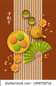 Mid autumn festival design. Teapot, tea cups, hand fan and moon cakes. Top view vector illustration. Translation of Chinese characters - Mid Autumn Festival