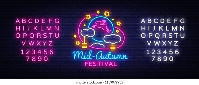 Mid autumn festival design template vector. Happy Mid autumn greting card, Light banner, neon style. Vector illustration moon rabbits for celebration Mid Autumn Festival. Editing text neon sign