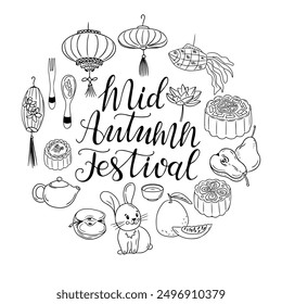 Mid autumn festival doodle set in round shape with calligraphic lettering. Monochrome contour stickers with related to holiday things isolated oh white background. Sketchy drawing for Asian holiday