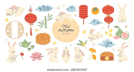 Mid Autumn Festival element set. Chinese moon festival decoration kit with cute rabbits, mooncakes, red lanterns and asian clouds isolated on white background for commercial design