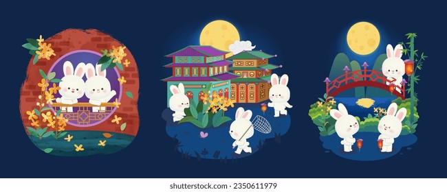 Mid Autumn festival elements isolated on dark blue background. Jade rabbits admiring falling osmanthus flowers, chasing butterfly, and carrying lanterns.