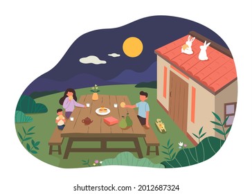 Mid autumn festival family reunion. Flat illustration of family having reunion on holiday and two jade rabbits sitting on tiled rooftop watching moon at night