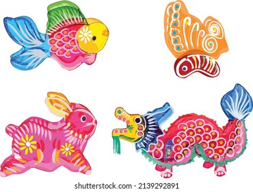 Mid Autumn Festival fish, rabbit, butterfly and dragon lanterns. Vector arts.