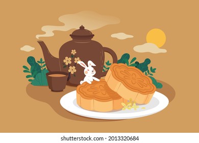 Mid autumn festival food and drink. Flat illustration of sweet mooncakes and unsweetened hot tea as festival celebration