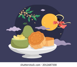 Mid autumn festival food. Flat illustration of Chinese traditional mooncakes and cut pomelo served on a food plate at night and Chang'e flying through night sky