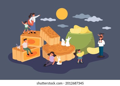 Mid Autumn Festival Food. Flat Illustration Of People Eating Cut Mooncakes And Peeled Pomelo As Holiday Celebration