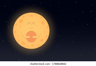 Mid Autumn Festival. Full moon with mooncake on a night sky background. Vector illustration.