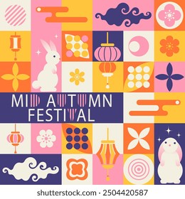 Mid Autumn festival geometric bauhaus style poster, background, banner, with flowers, rabbits, chinese lanterns