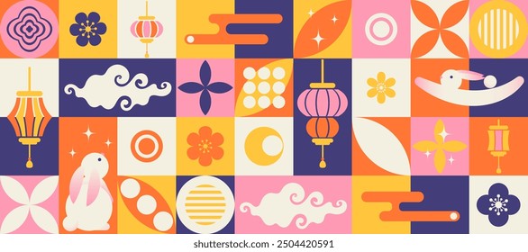 Mid Autumn festival geometric bauhaus style poster, background, horizontal banner, with flowers, rabbits, chinese lanterns