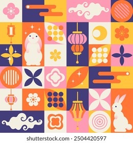 Mid Autumn festival geometric bauhaus style poster, background, banner, with flowers, rabbits, chinese lanterns