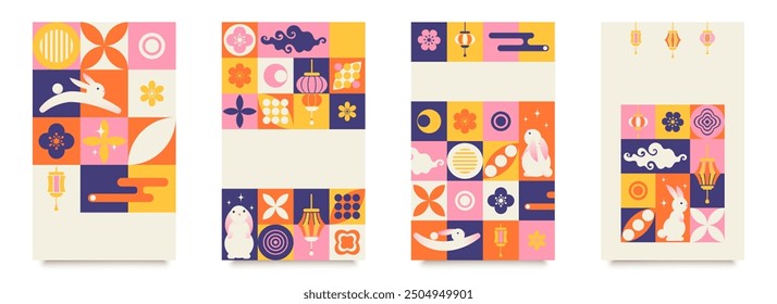 Mid Autumn festival geometric style poster, greeting card, background. August 15 in Chinese Calendar (small wording)