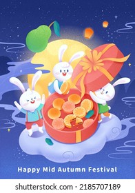 Mid Autumn Festival gift card. Illustration of three jade rabbits on cloud opening a mooncakes gift box on cloud with full moon on blue background