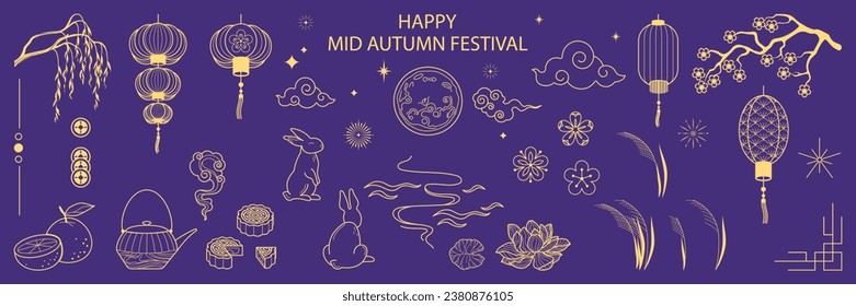 Mitte des Herbstes Golden Design Elemente mit Mond, Kaninchen, Blumen, Wolken, Feuerwerk, Laternen. Konzept für Urlaubsplanung, Karte, Plakat, Banner. Isolierte Vektorobjektgrafik.