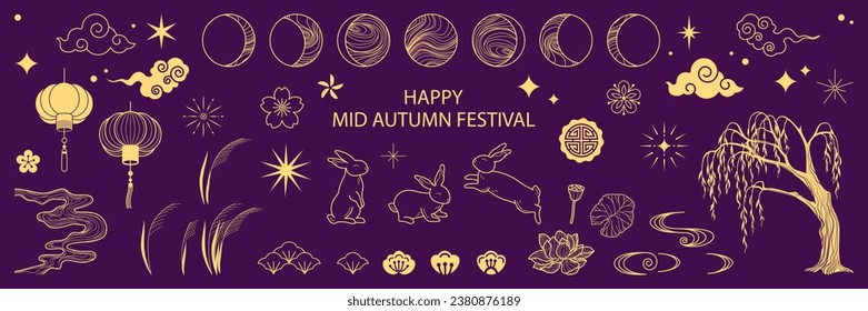 Elementos de diseño de oro del festival de mediados de otoño con luna, conejos, flores, nubes, fuegos artificiales, linternas. Concepto de decoración de vacaciones, tarjeta, cartel, cartel. Ilustración de objetos vectoriales aislados.