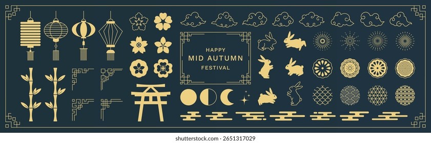Mid Autumn Festival gold elements vector set. collection of cute rabbit, mooncake, cloud, cherry blossom, bamboo, corner, lantern, moon, pattern. Design for packaging, product, card, poster, ads.