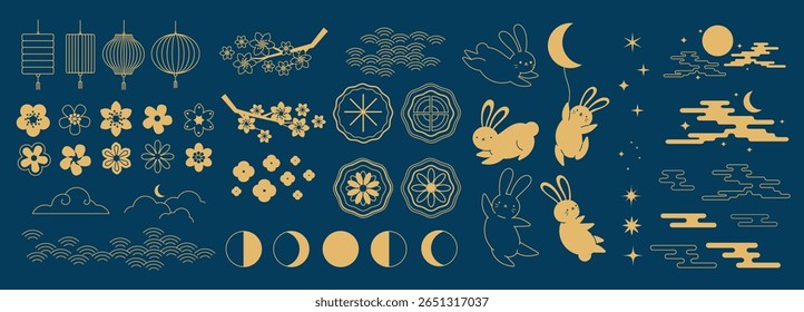 Mid Autumn Festival gold elements vector set. collection of cute rabbit, mooncake, cloud, cherry blossom, lantern, moon, wave. Design for packaging, product, card, poster, ads.