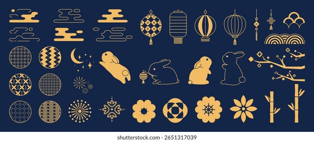 Mid Autumn Festival gold elements vector set. collection of cute rabbit, wave, bamboo, cloud, cherry blossom, lantern, pattern. Design for packaging, product, card, poster, ads.