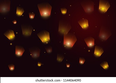 Mid Autumn Festival. Greeting card background with burning lanterns in sky. Banner with glowing Kongming flying lanterns floating in evening sky and place for text. Vector illustration, banner