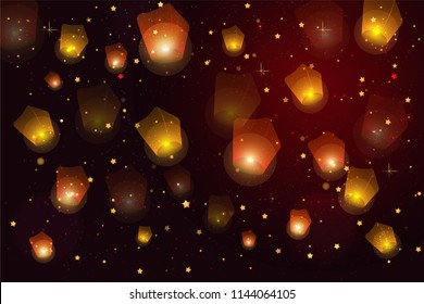 Mid Autumn Festival. Greeting card background with burning lanterns in sky. Banner with glowing Kongming flying lanterns floating in evening sky and place for text. Vector illustration, banner