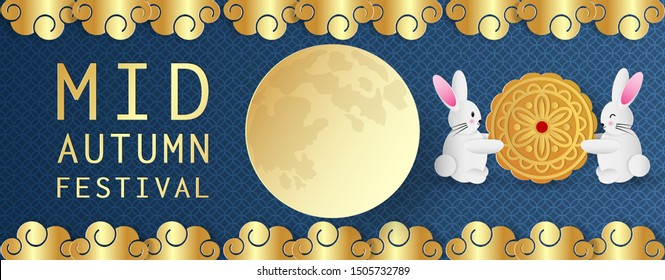 Mid autumn festival greeting card with cute rabbit and moon cake on blue background, Paper art style