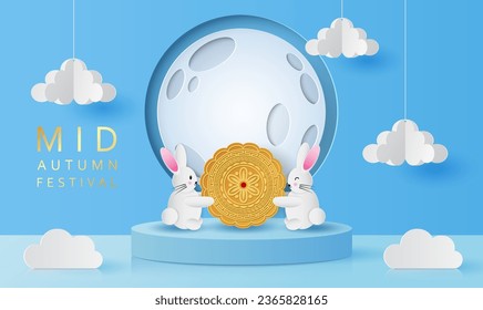 Mid autumn festival greeting card with cute rabbit, moon cake,  and cloud on blue background. 