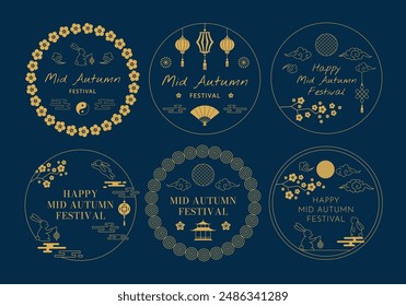 Mid autumn festival greeting card. Traditional Chinese celebration badges with Asian lanterns, golden rabbits and moon with clouds. Chuseok holiday moon cake gold decorations banner vector set.