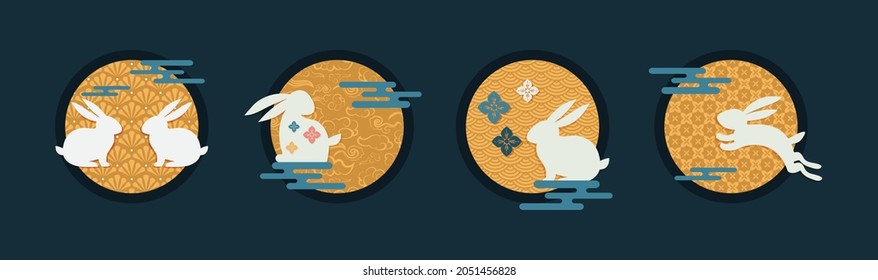 Mid Autumn Festival icons. traditional asian moon and clouds. Asian harvest traditional festival. Chuseok, mid autumn korea festival. Vector illustration