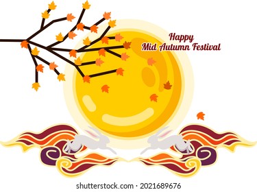 mid autumn festival illustration art vector with simple clouds, maple leaves, full moon, and white rabbit