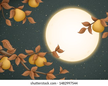 Mid autumn festival illustration with attracting full moon and pomelo trees